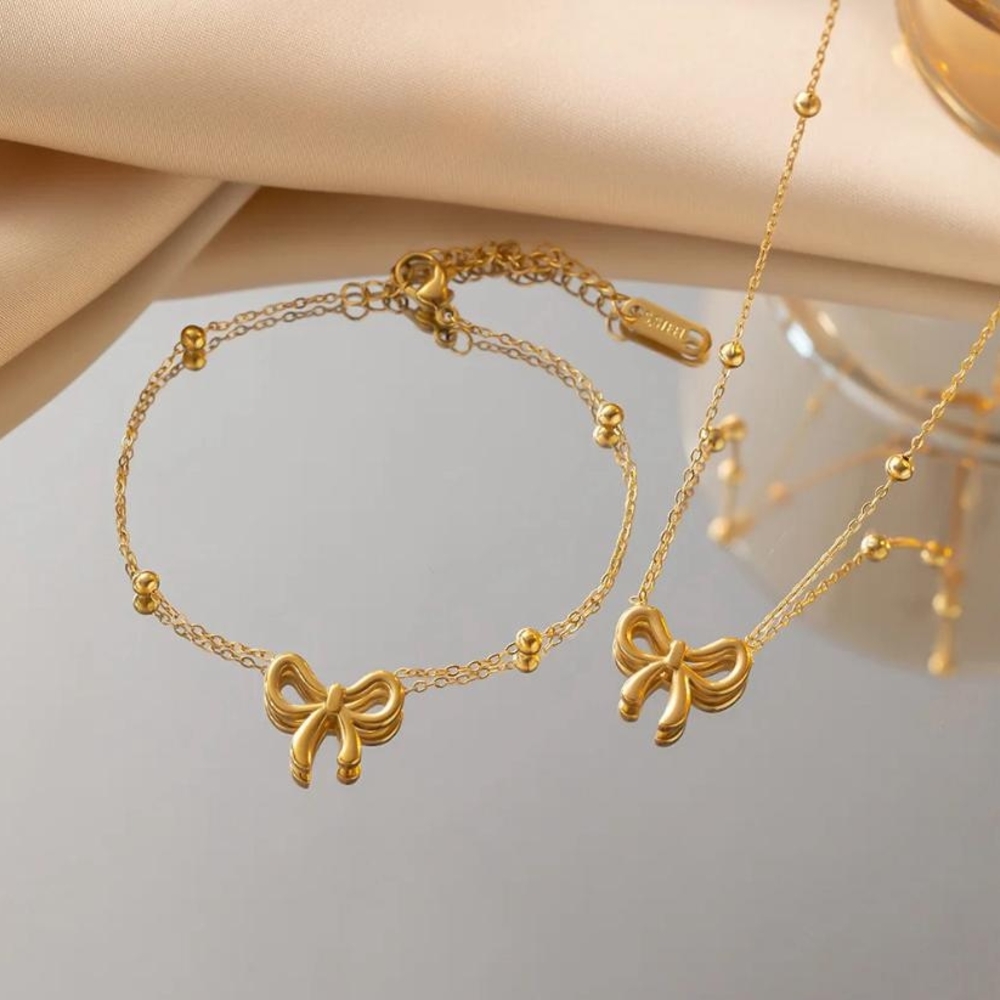 Elegant Gold Bow Jewelry Set necklace earrings bracelets